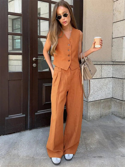 Linen-Blend Tailored Jacket and Wide-Leg Trousers Suit Set
