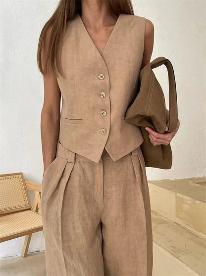 Linen-Blend Tailored Jacket and Wide-Leg Trousers Suit Set