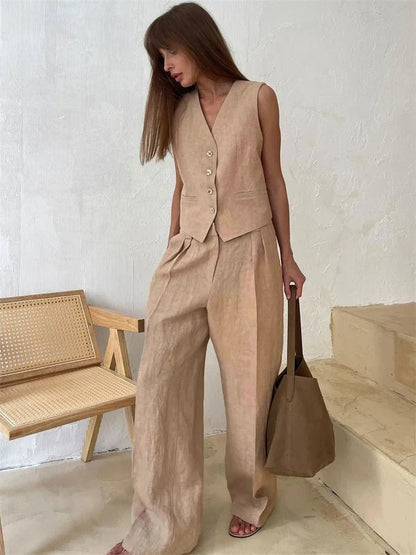 Linen-Blend Tailored Jacket and Wide-Leg Trousers Suit Set