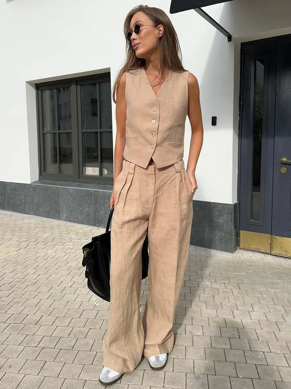 Linen-Blend Tailored Jacket and Wide-Leg Trousers Suit Set