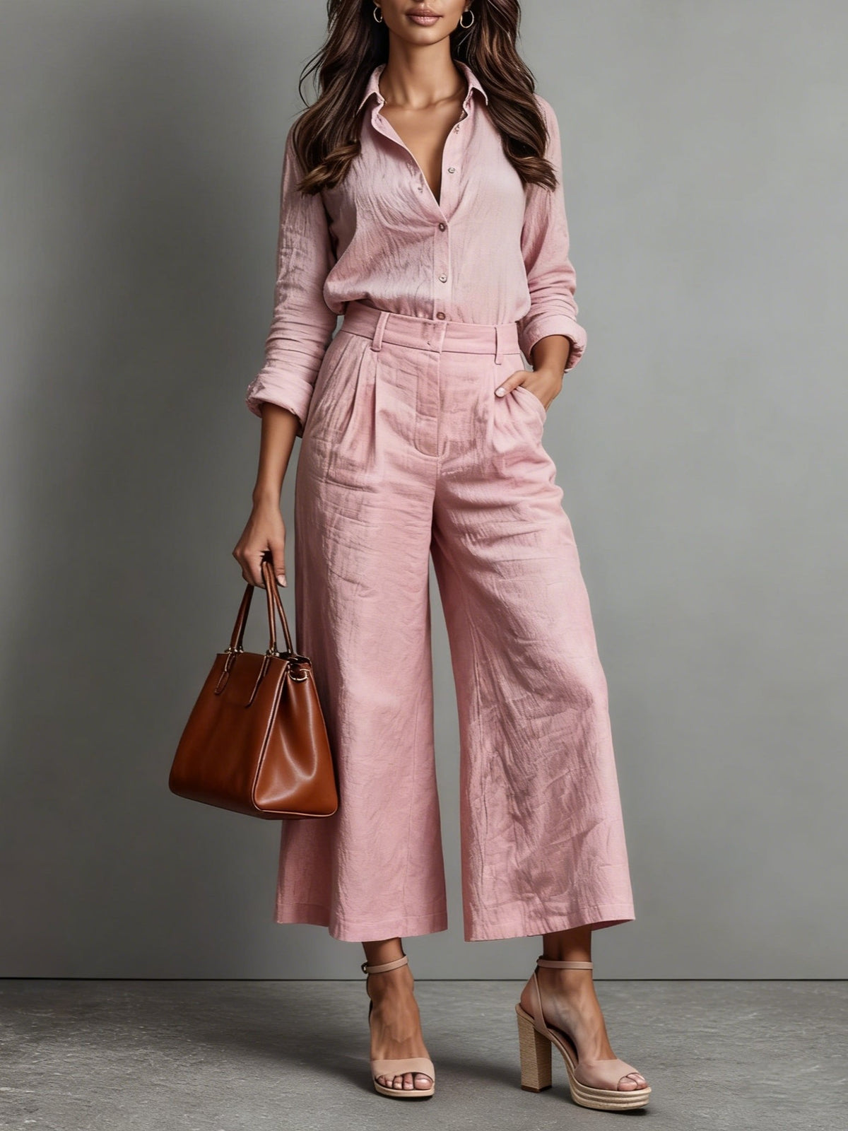 Linen-Blend Collared Shirt and Wide-Leg Pants Set