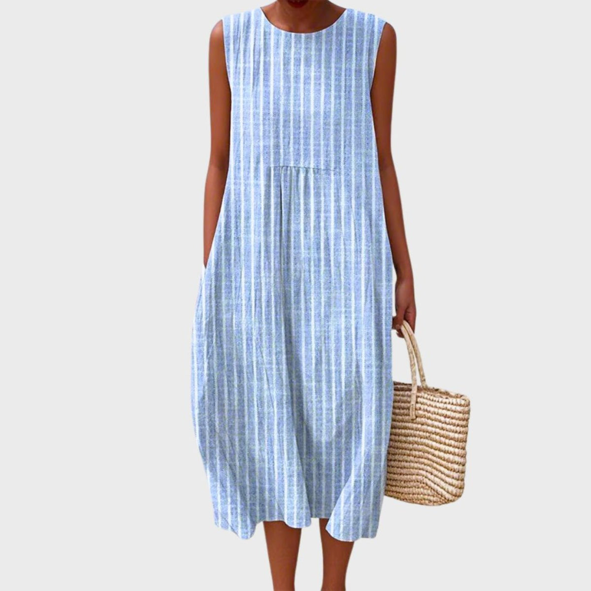 Checked Linen Sleeveless Midi Dress