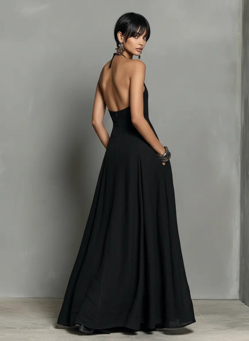 Halter Neck Linen Blend Maxi Dress
