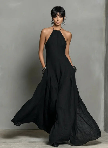 Halter Neck Linen Blend Maxi Dress