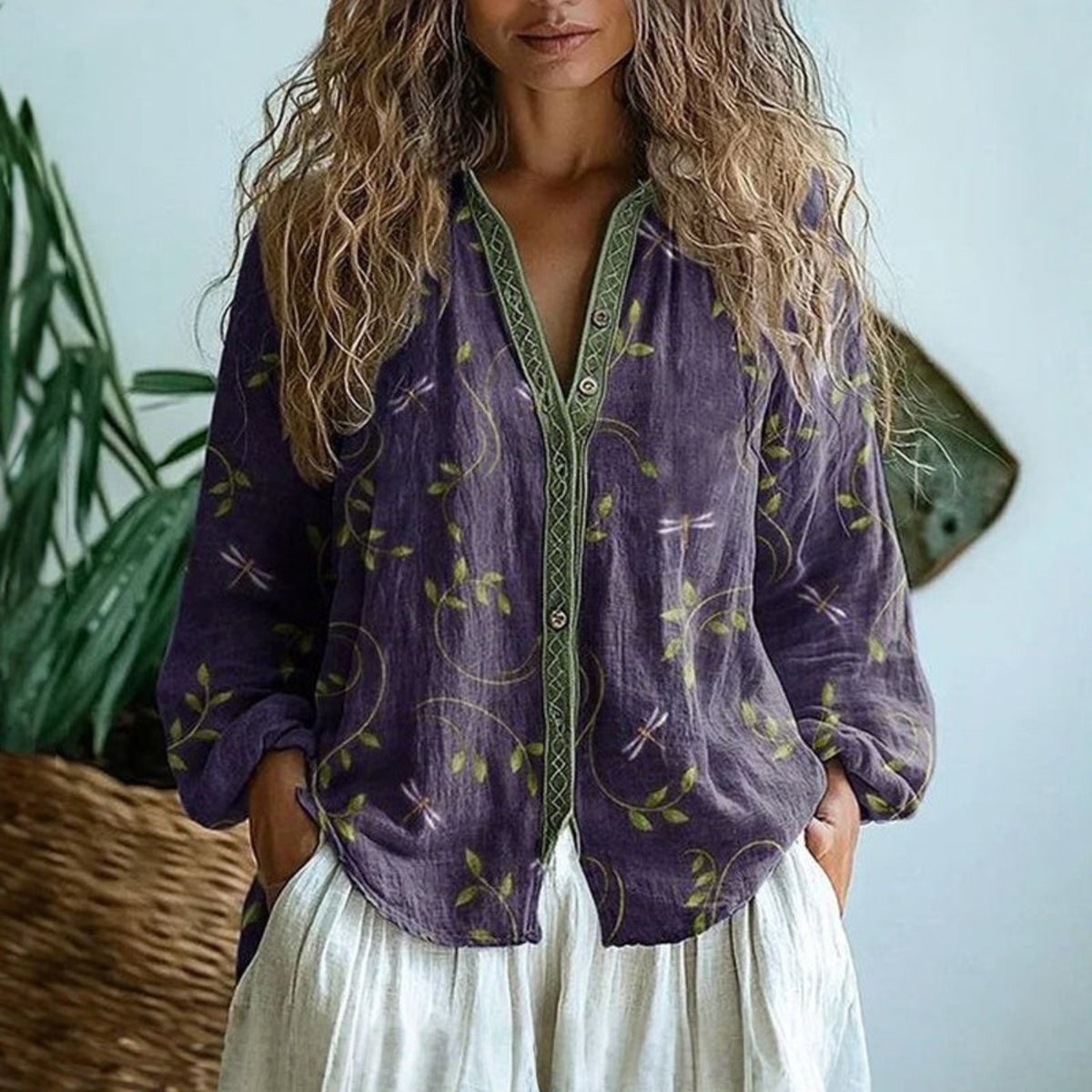 Pure Linen Botanical Button-Up Shirt