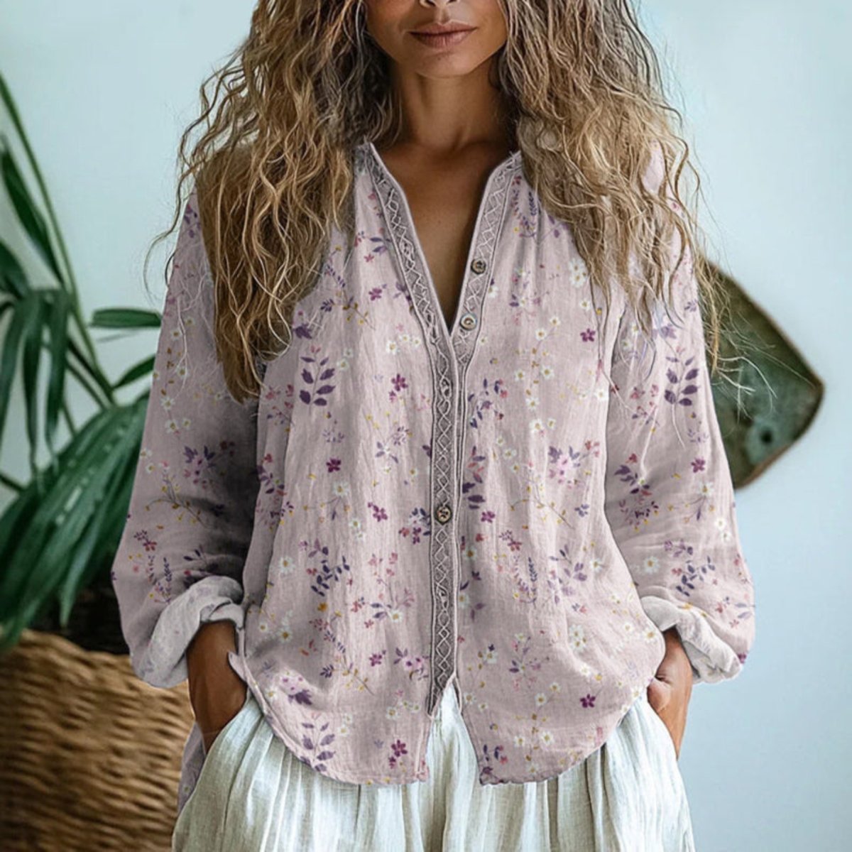 Pure Linen Botanical Button-Up Shirt