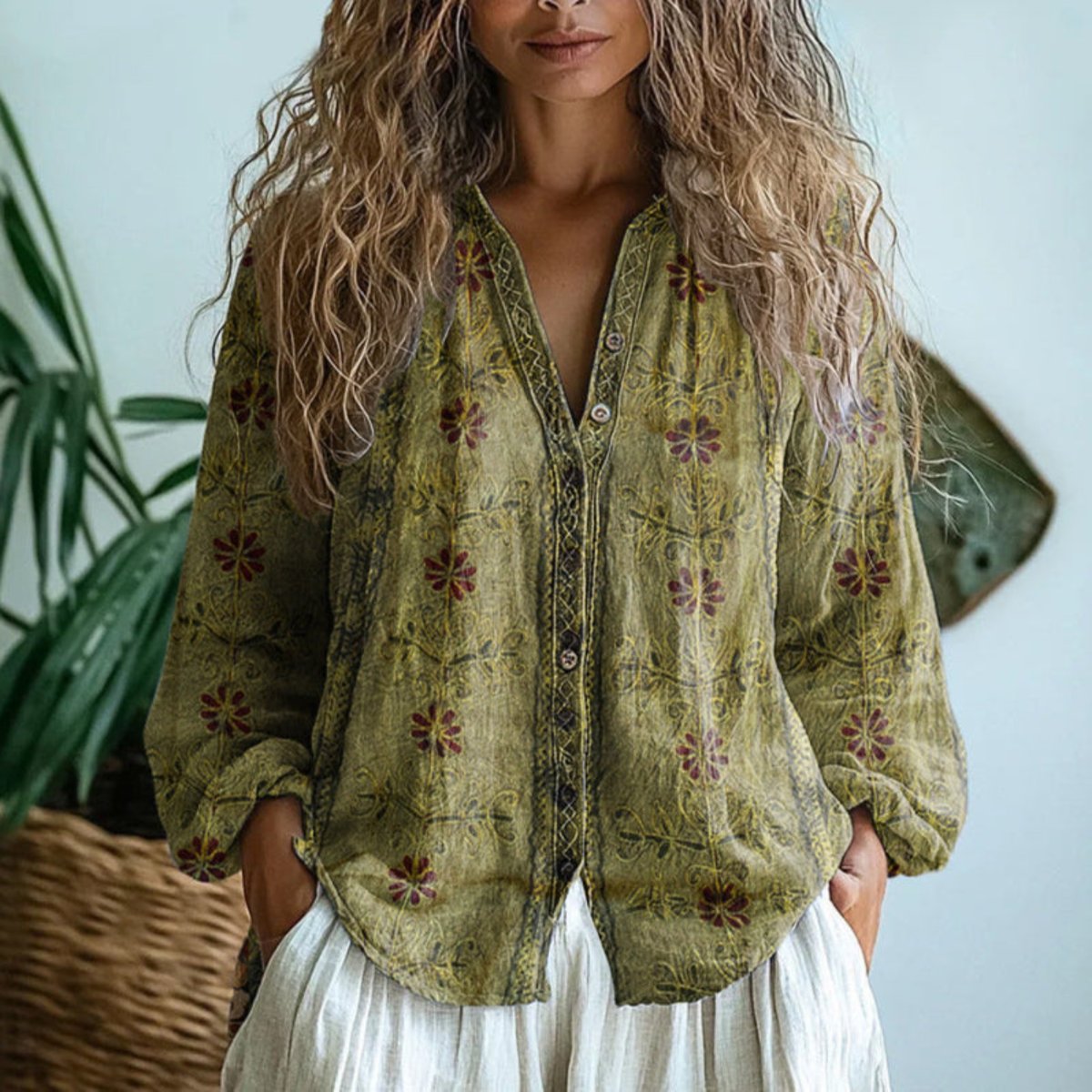 Pure Linen Botanical Button-Up Shirt