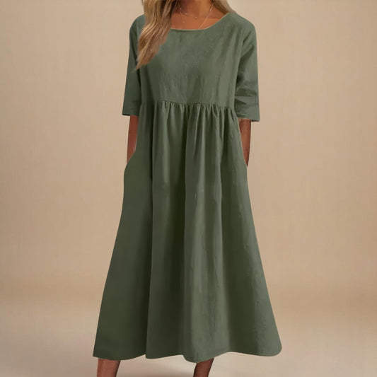 Empire Waist Linen Midi Dress with Half Sleeves