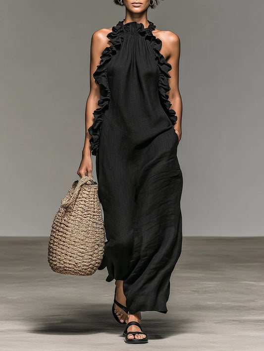 Sleeveless Linen Maxi Dress with Ruffle Detailing