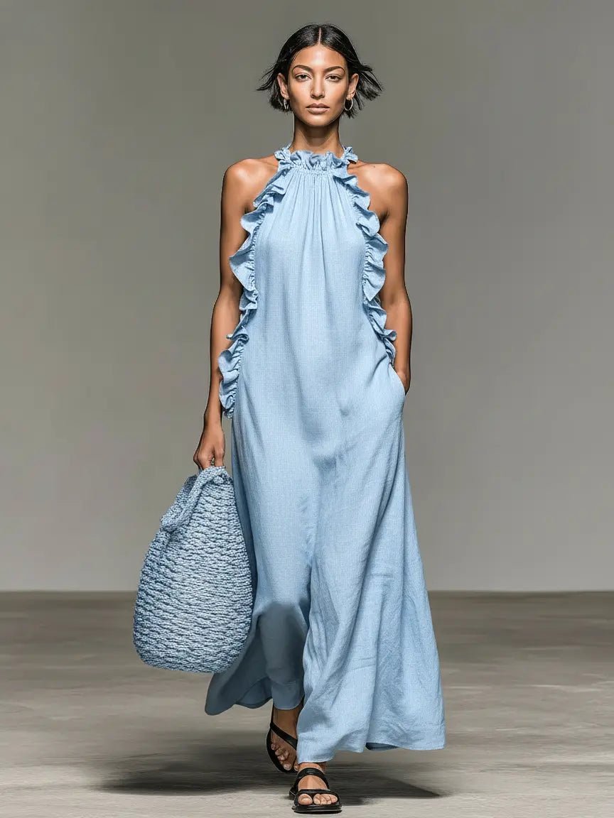 Sleeveless Linen Maxi Dress with Ruffle Detailing
