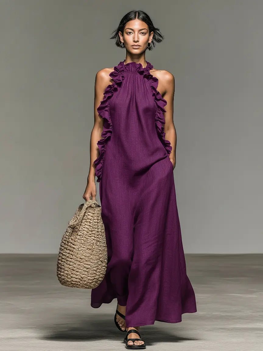 Sleeveless Linen Maxi Dress with Ruffle Detailing