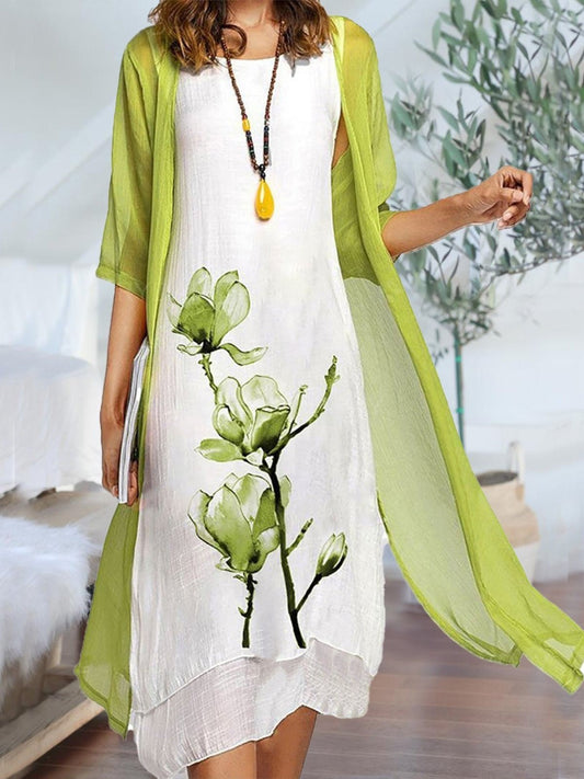 Linen-Blend Sleeveless Midi Dress & Sheer Chiffon Jacket Set