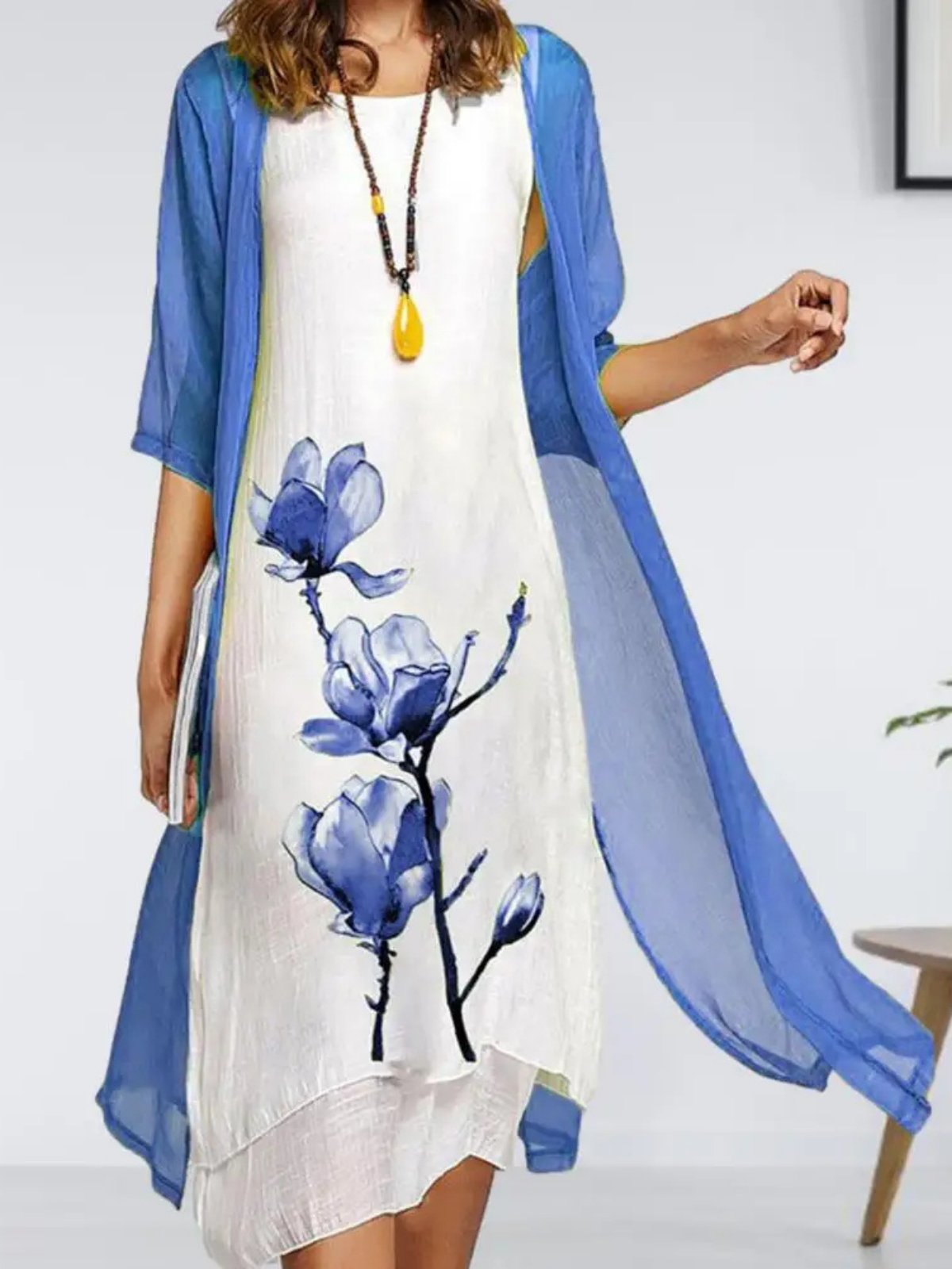 Linen-Blend Sleeveless Midi Dress & Sheer Chiffon Jacket Set