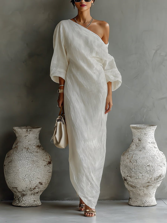 Cotton-Linen One-Shoulder Asymmetrical Maxi Dress
