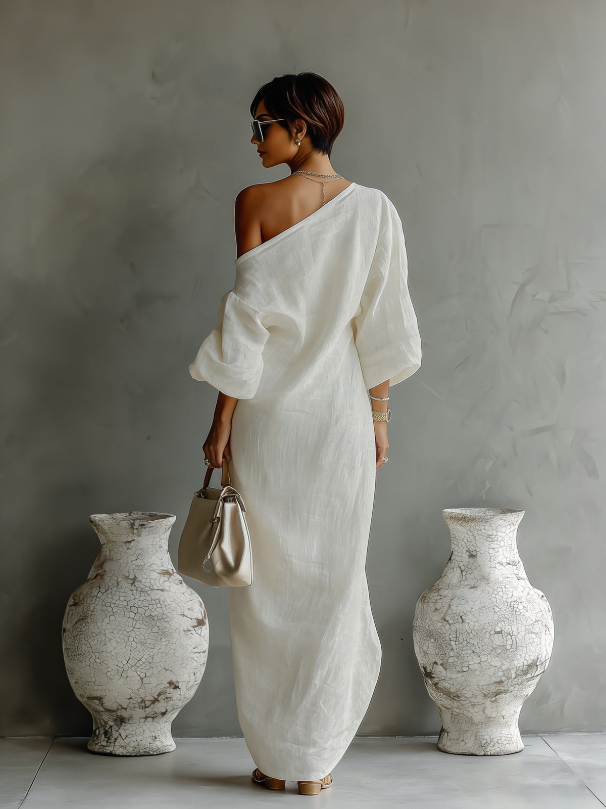 Cotton-Linen One-Shoulder Asymmetrical Maxi Dress
