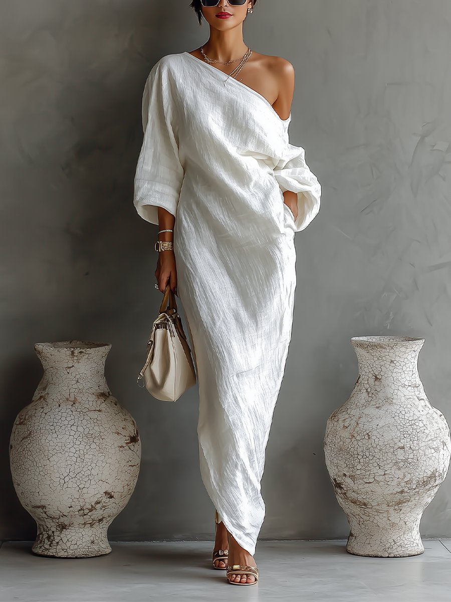 Cotton-Linen One-Shoulder Asymmetrical Maxi Dress