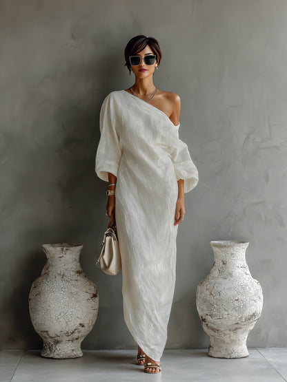Cotton-Linen One-Shoulder Asymmetrical Maxi Dress