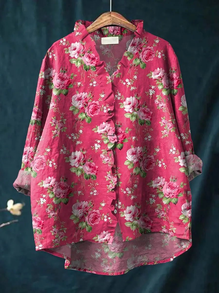 Ruffle-Neck Floral Linen-Cotton Blouse