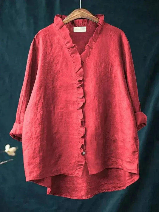 Women's Ruffle Neck Linen-Blend Blouse