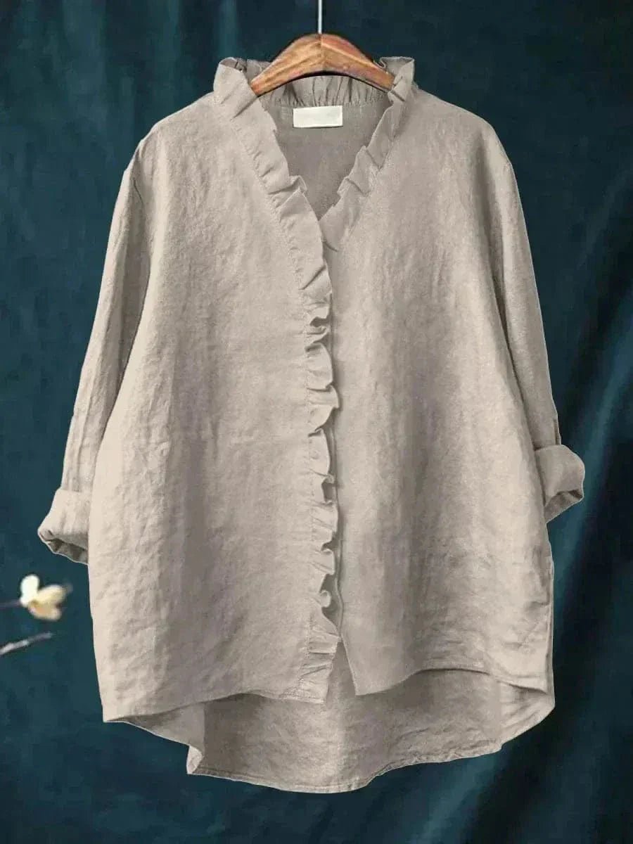 Women's Ruffle Neck Linen-Blend Blouse