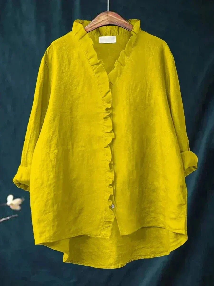 Women's Ruffle Neck Linen-Blend Blouse