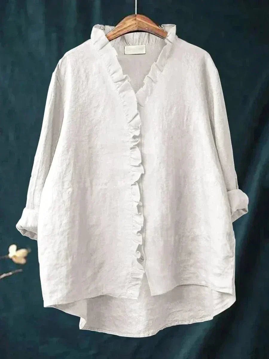 Women's Ruffle Neck Linen-Blend Blouse