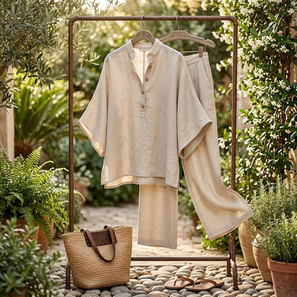 Linen Kimono Sleeve Co-ord Set with Mandarin Collar