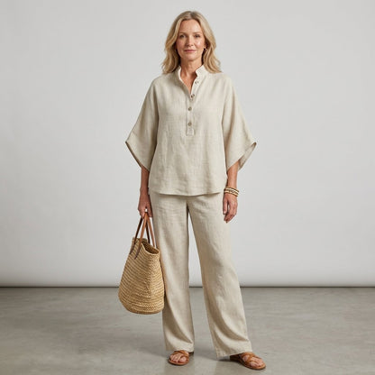 Linen Kimono Sleeve Co-ord Set with Mandarin Collar