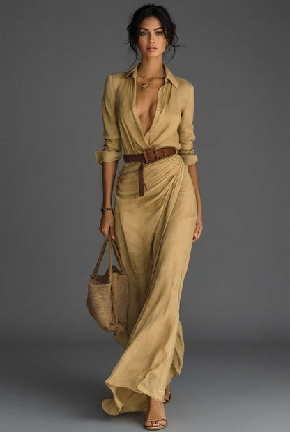Women's Linen-Blend Collared Long Sleeve Wrap Maxi Dress