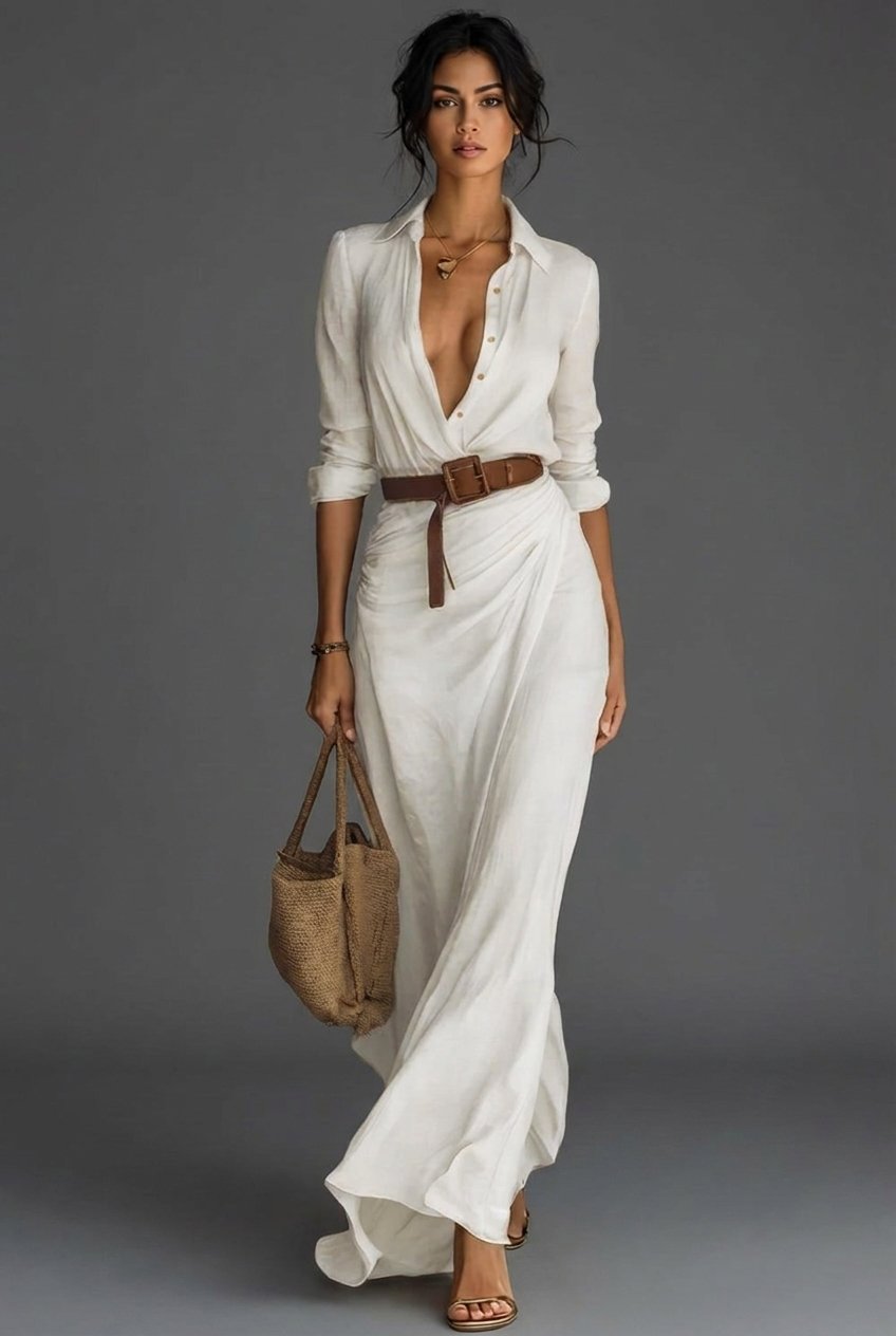 Women's Linen-Blend Collared Long Sleeve Wrap Maxi Dress