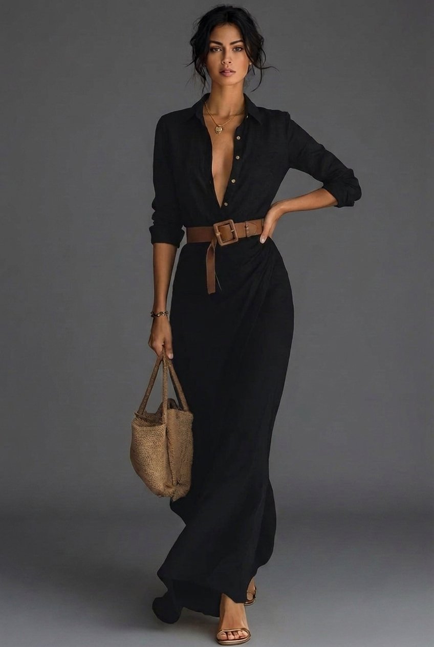 Women's Linen-Blend Collared Long Sleeve Wrap Maxi Dress