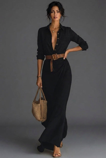 Women's Linen-Blend Collared Long Sleeve Wrap Maxi Dress