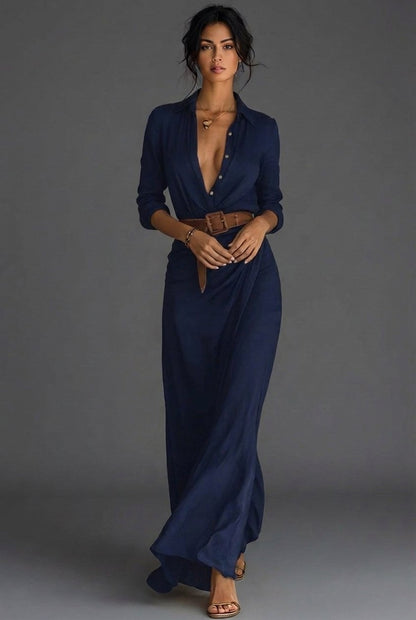 Women's Linen-Blend Collared Long Sleeve Wrap Maxi Dress