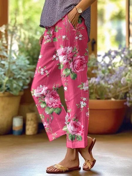 Relaxed Floral Wide-Leg Trousers with Pockets