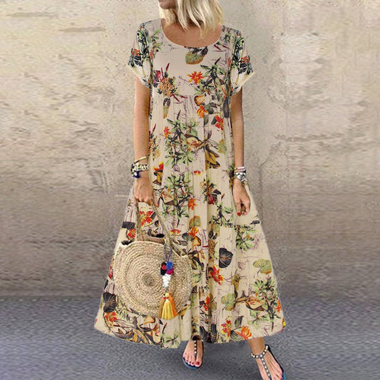 Women's Floral Short Sleeve A-Line Maxi Dress