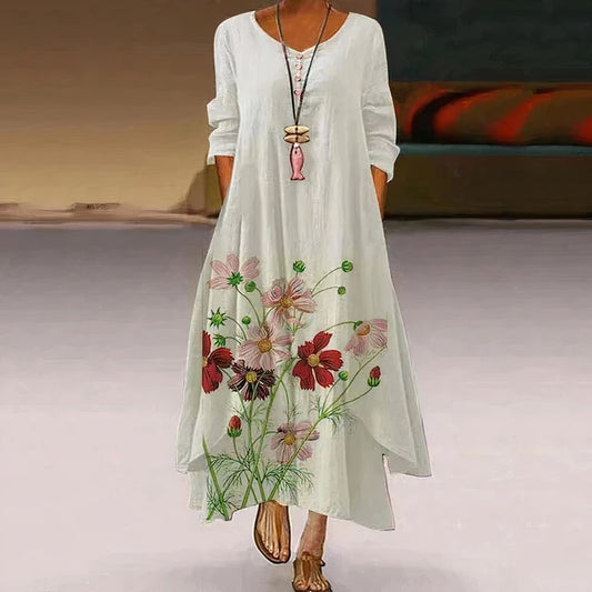 Floral Border Long Sleeve Maxi Dress