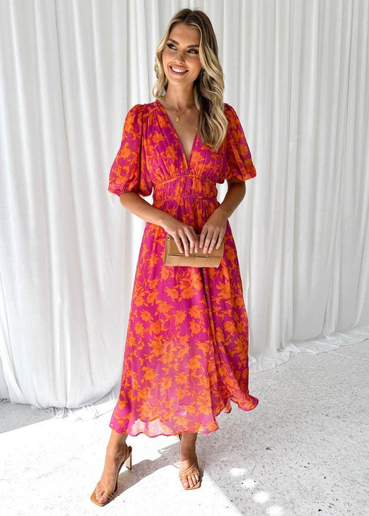 Floral Print Puff Sleeve V-Neck Midi Dress