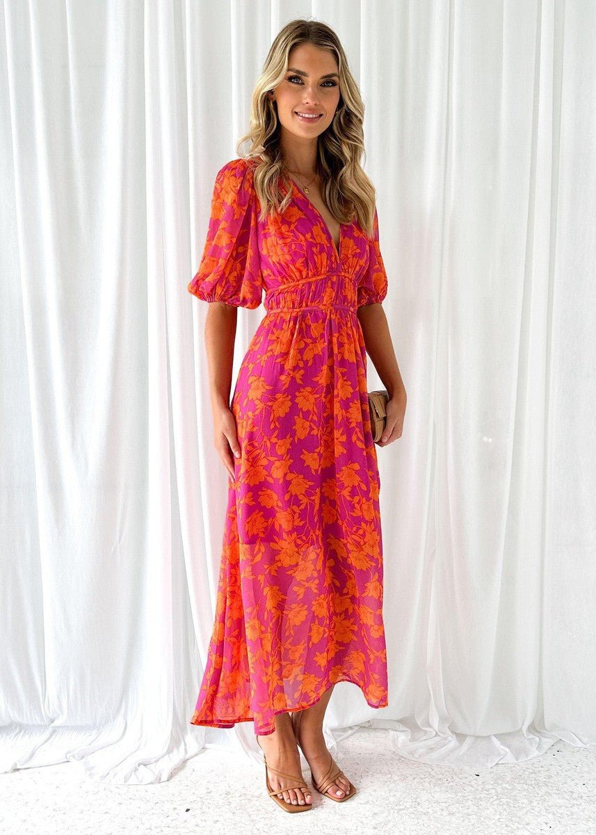 Floral Print Puff Sleeve V-Neck Midi Dress
