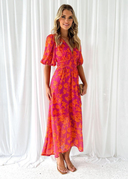 Floral Print Puff Sleeve V-Neck Midi Dress