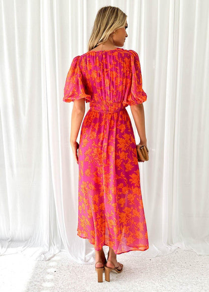Floral Print Puff Sleeve V-Neck Midi Dress