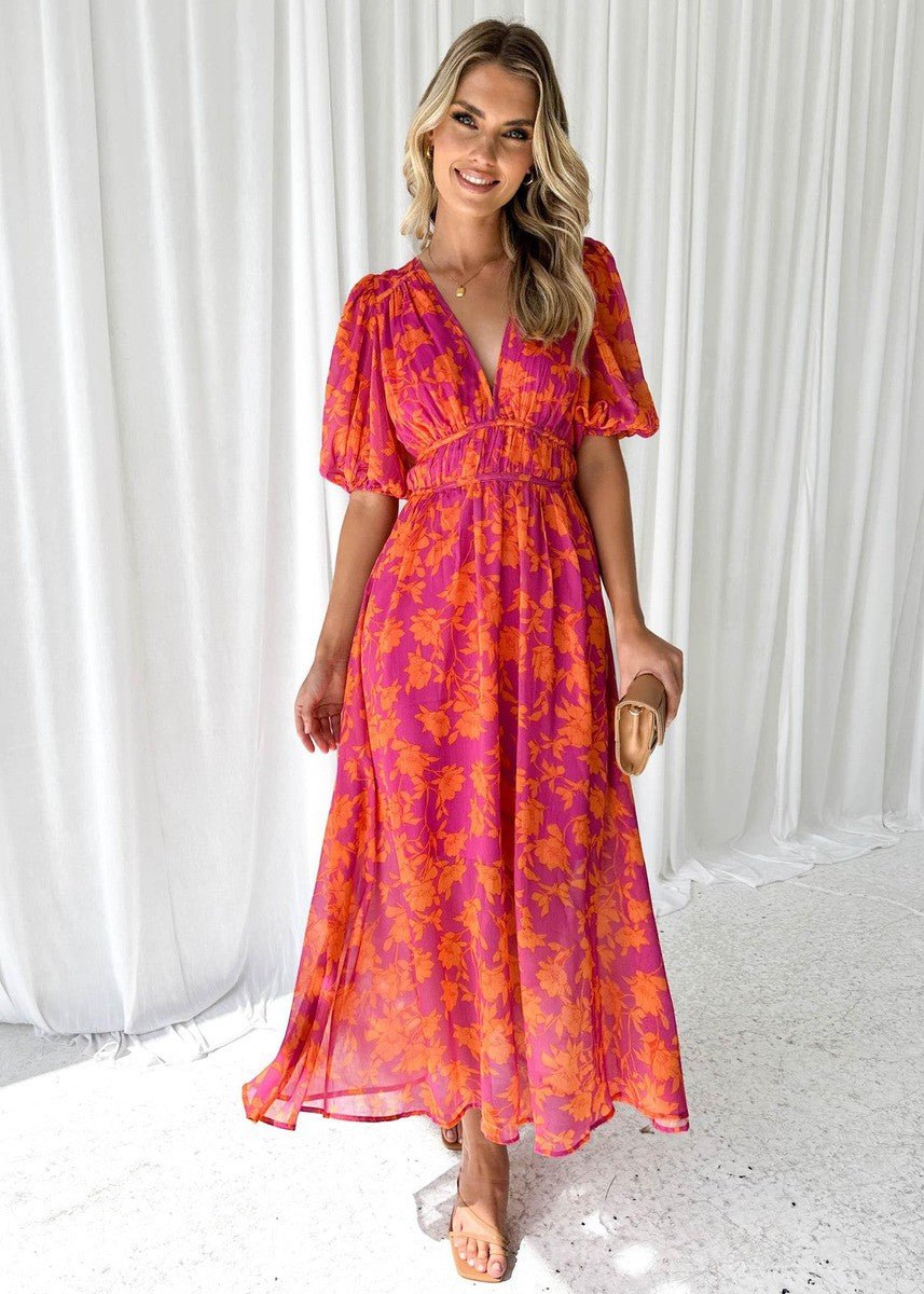 Floral Print Puff Sleeve V-Neck Midi Dress
