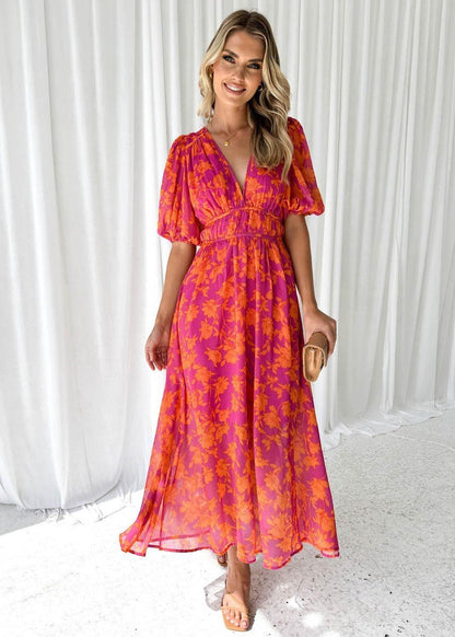 Floral Print Puff Sleeve V-Neck Midi Dress