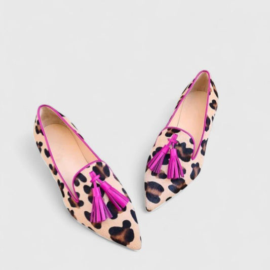 Pointed Leopard Print Loafers with Vibrant Pink Tassels