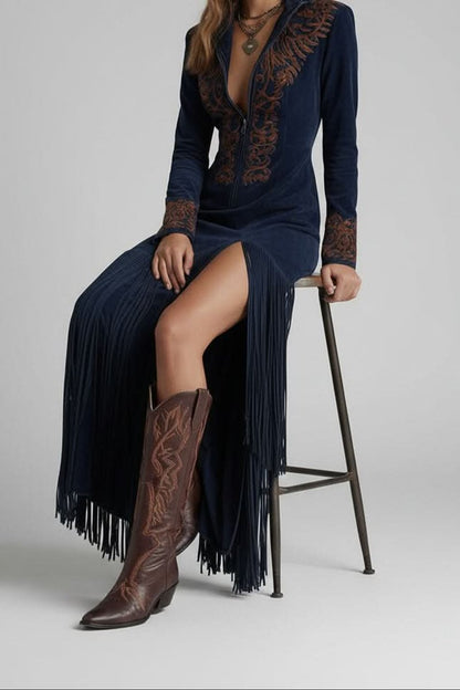 Embroidered V-Neck Maxi Dress with Tasselled Hem