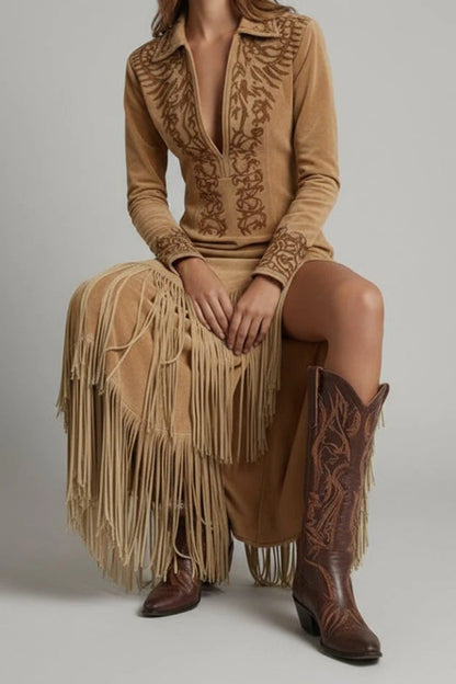 Embroidered V-Neck Maxi Dress with Tasselled Hem