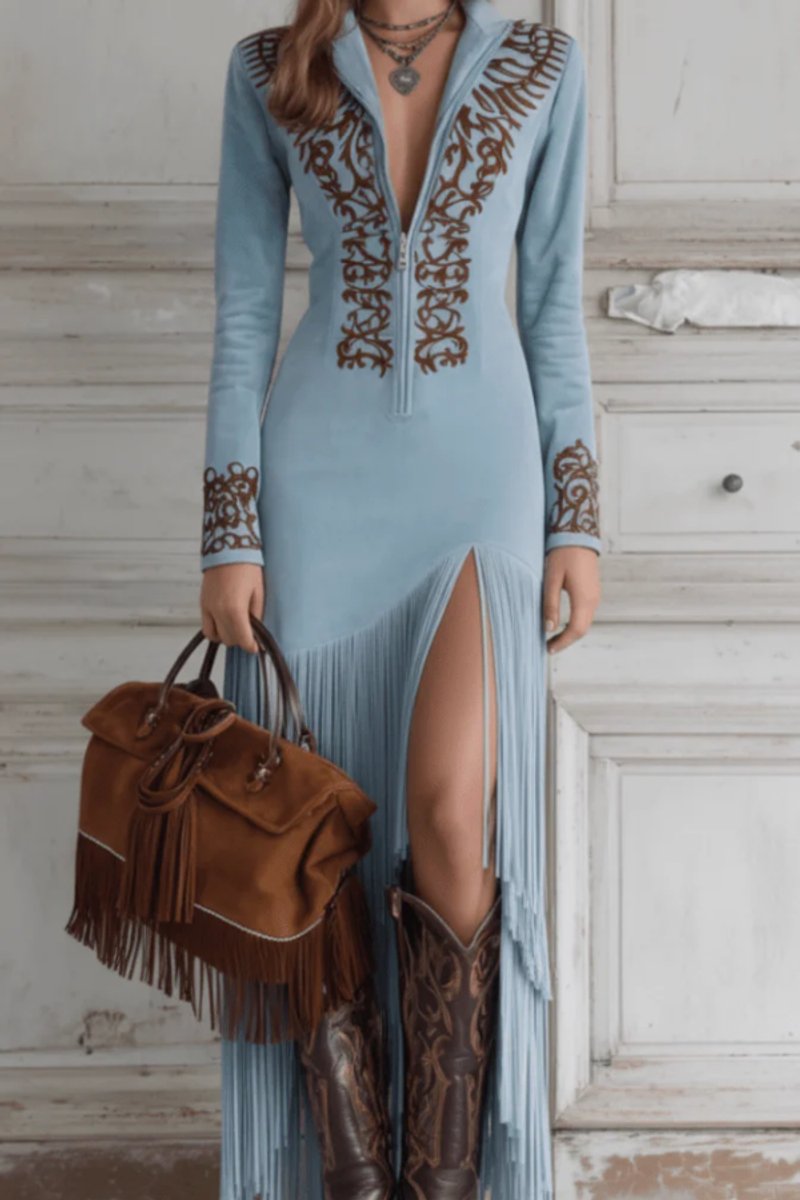 Embroidered V-Neck Maxi Dress with Tasselled Hem