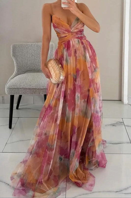 Crossover Waist Floral A-Line Maxi Dress