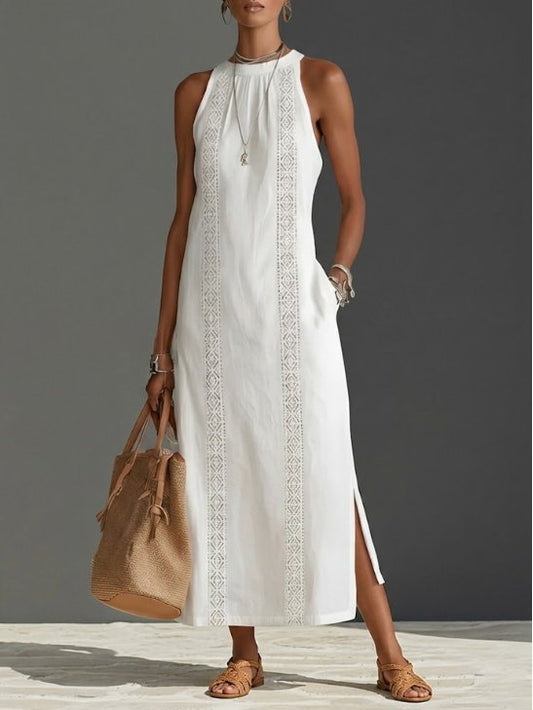 Women's Sleeveless Crew Neck Embroidered Midi Dress
