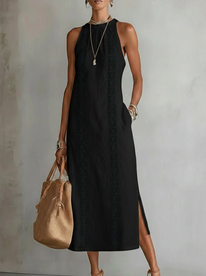 Women's Sleeveless Crew Neck Embroidered Midi Dress