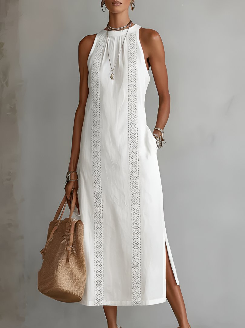 Women's Sleeveless Crew Neck Embroidered Midi Dress